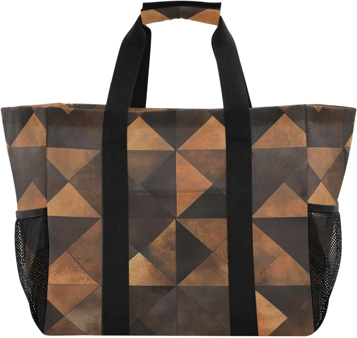 Kigai Patchwork Triangles Reusable Grocery Bag with Handles Waterproof Foldable Extra Large Tote Shopping Bag Standing Organizer for Picnics, Beach, Pool, Laundry, Car, Camping