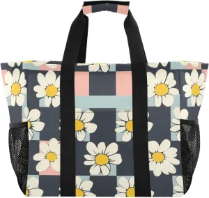 Kigai Pink Black Plaid Daisy Reusable Grocery Bag with Handles Waterproof Foldable Extra Large Tote Shopping Bag Standing Organizer for Picnics, Beach, Pool, Laundry, Car, Camping