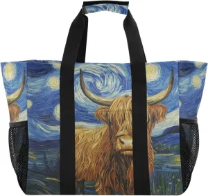 Kigai Starry Highland Cow Reusable Grocery Bag with Handles Waterproof Foldable Extra Large Tote Shopping Bag Standing Organizer for Picnics, Beach, Pool, Laundry, Car, Camping