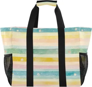 Kigai Watercolor Stripes Reusable Grocery Bag with Handles Waterproof Foldable Extra Large Tote Shopping Bag Standing Organizer for Picnics, Beach, Pool, Laundry, Car, Camping