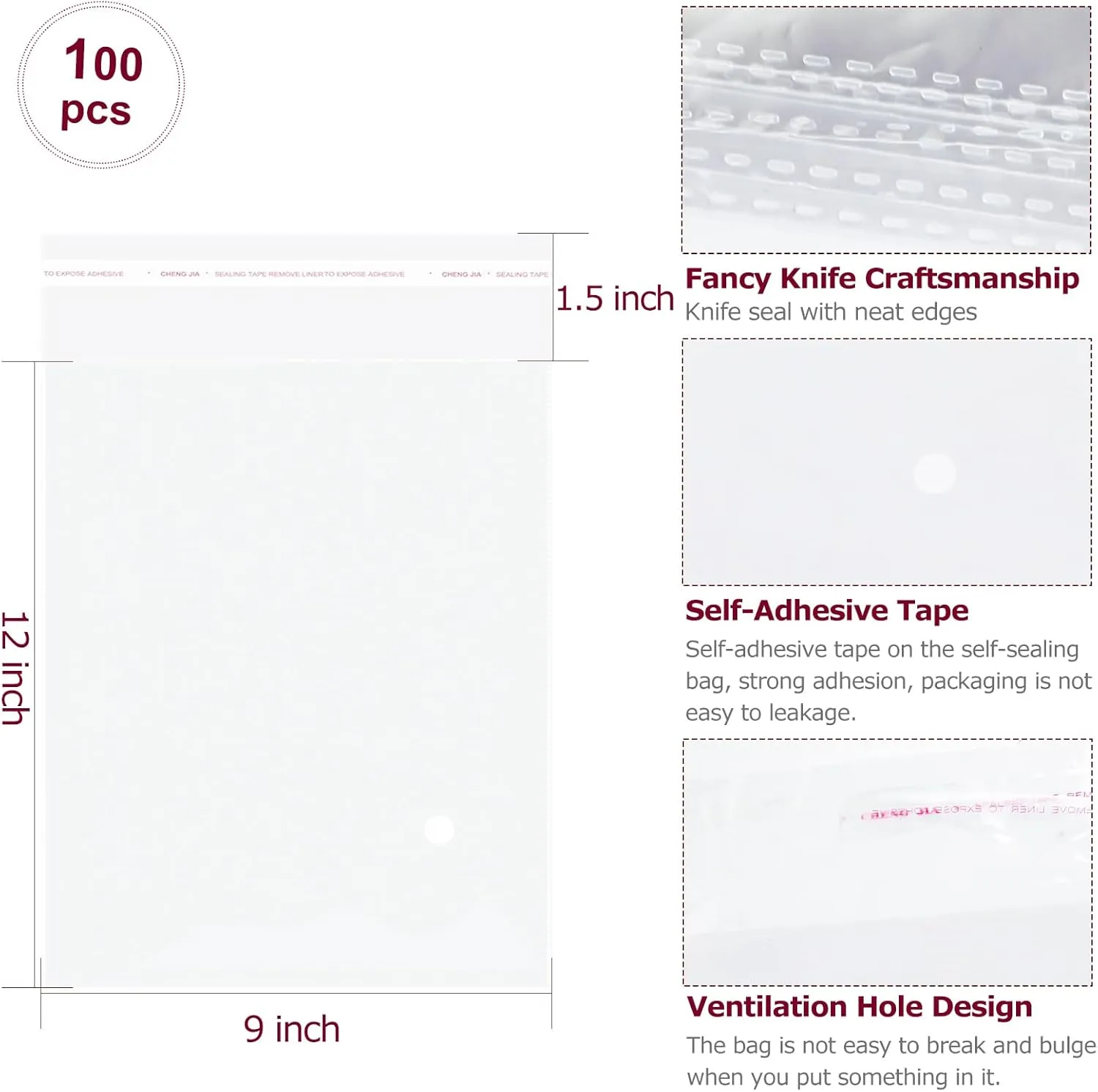 Ksmxos 100PCS Cellophane Bags,Clear Poly Bags,Packaging Bags,T Shirt Bags,Resealable Bags,Clear Plastic Bags for Packaging Clothing,Shirts,Decorative Wrappers,Party Favors,Artwork (9x12 Inches)