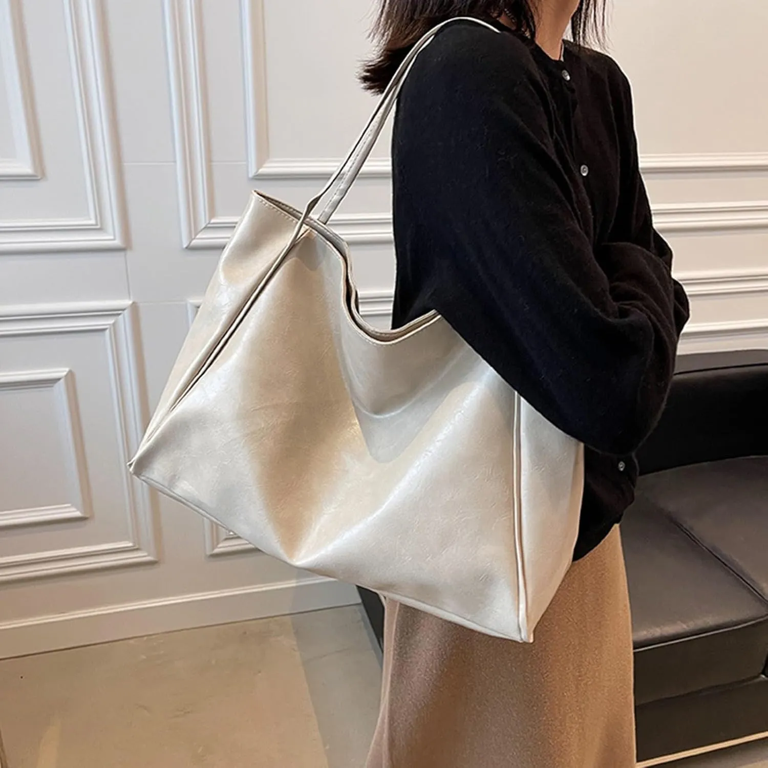 Large Capacity Shoulder Tote Bag Soft Oiled Leather Shoulder Bags Vintage Slouchy Bucket Purse Retro Handcarry