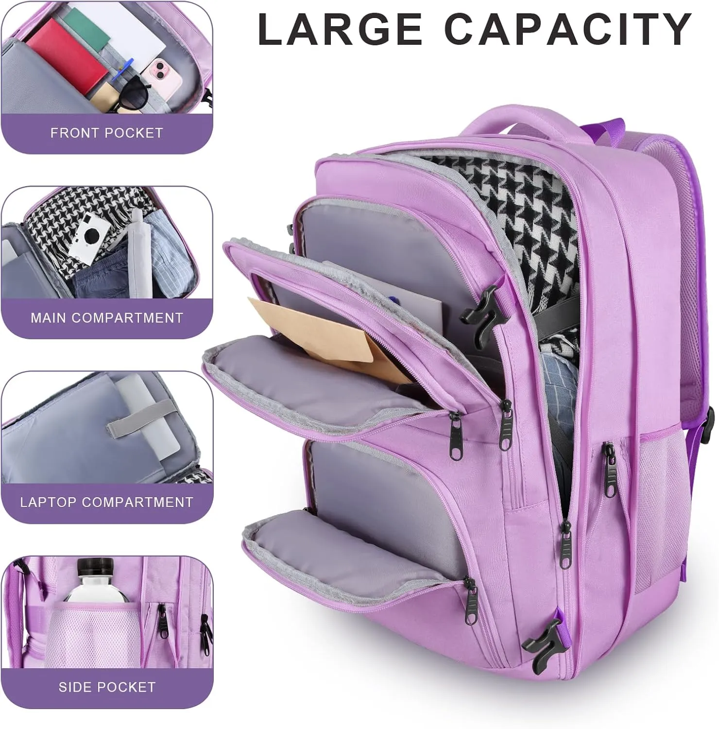 Large Travel Backpack, Laptop Backpack for women, Expandable 52L Carry On Backpack, TSA Water Resistant Weekender 18.4 Inch Laptop Backpack, Anti Theft Business Computer Bag with USB Port, Purple