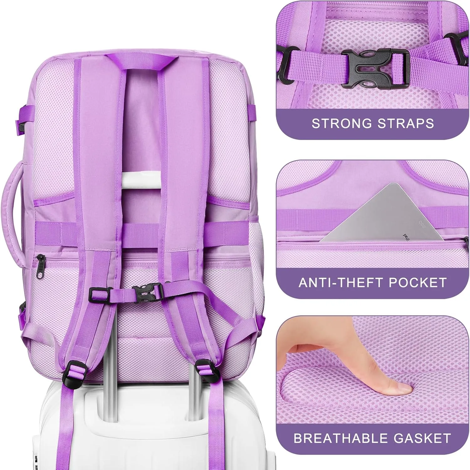 Large Travel Backpack, Laptop Backpack for women, Expandable 52L Carry On Backpack, TSA Water Resistant Weekender 18.4 Inch Laptop Backpack, Anti Theft Business Computer Bag with USB Port, Purple