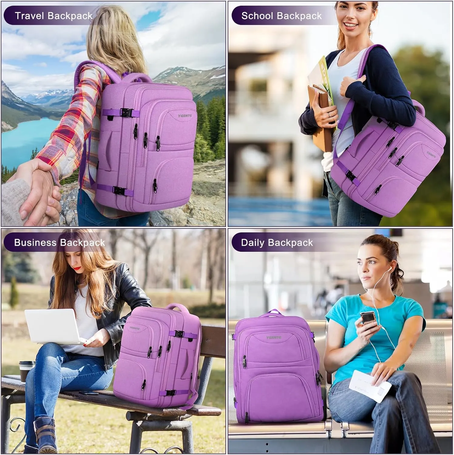 Large Travel Backpack, Laptop Backpack for women, Expandable 52L Carry On Backpack, TSA Water Resistant Weekender 18.4 Inch Laptop Backpack, Anti Theft Business Computer Bag with USB Port, Purple