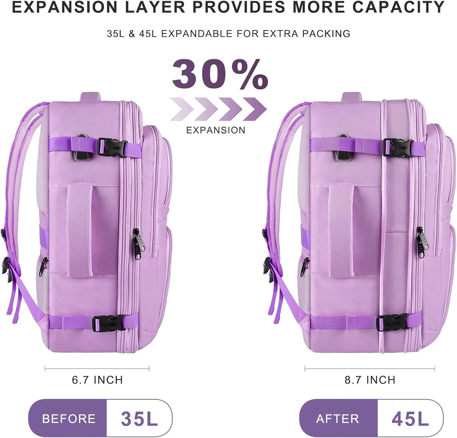 Large Travel Backpack, Laptop Backpack for women, Expandable 52L Carry On Backpack, TSA Water Resistant Weekender 18.4 Inch Laptop Backpack, Anti Theft Business Computer Bag with USB Port, Purple