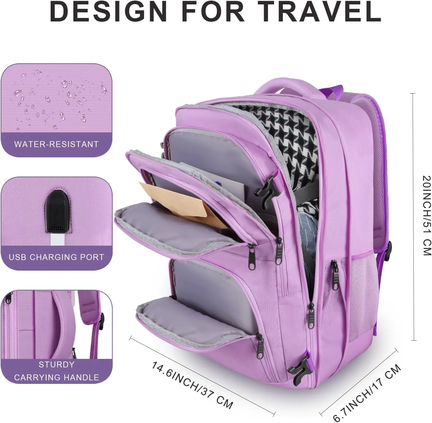 Large Travel Backpack, Laptop Backpack for women, Expandable 52L Carry On Backpack, TSA Water Resistant Weekender 18.4 Inch Laptop Backpack, Anti Theft Business Computer Bag with USB Port, Purple