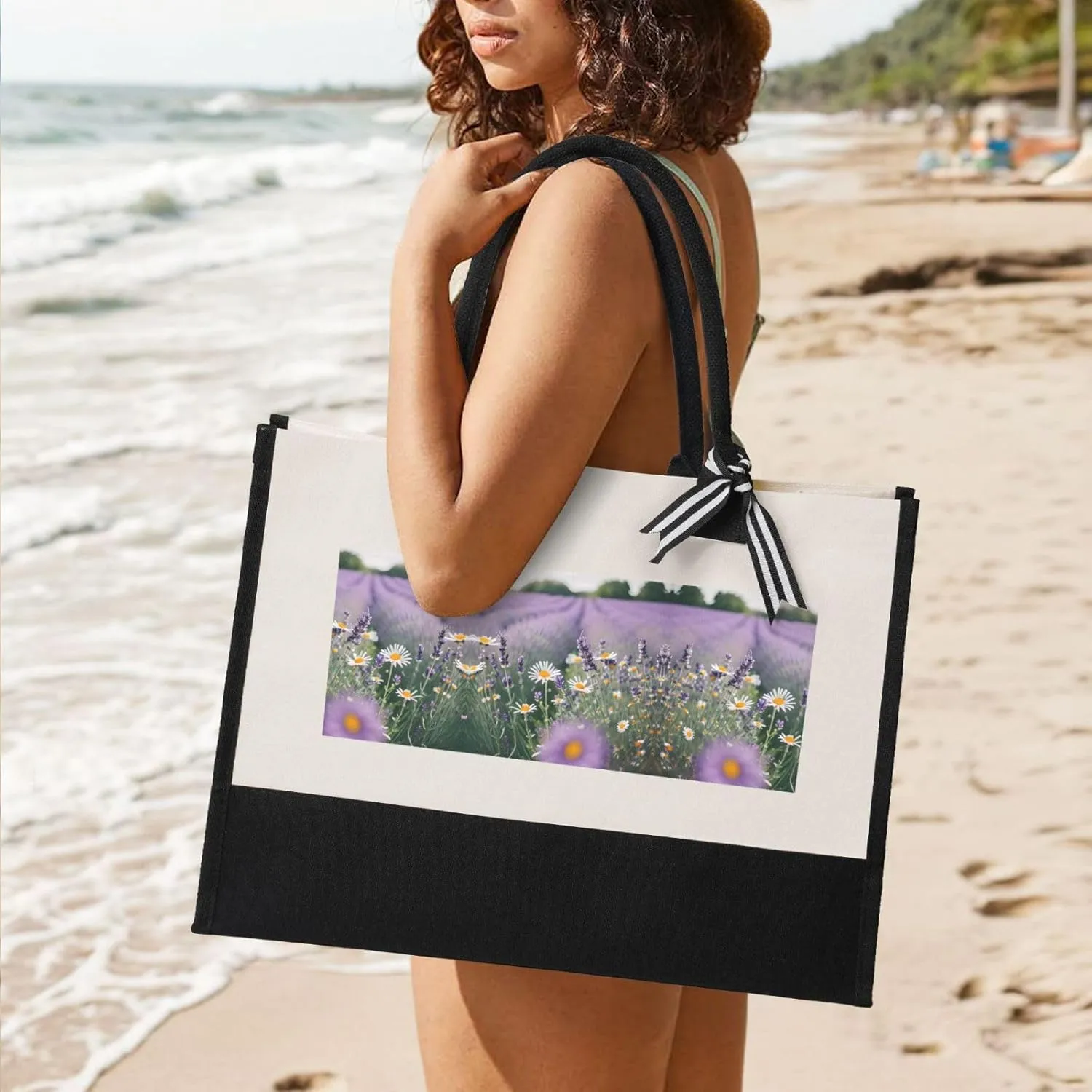Lavender And Daisies Christmas Tote Bags With Handles Canvas Reusable Gift Bag For Women Shopping Holiday Travel