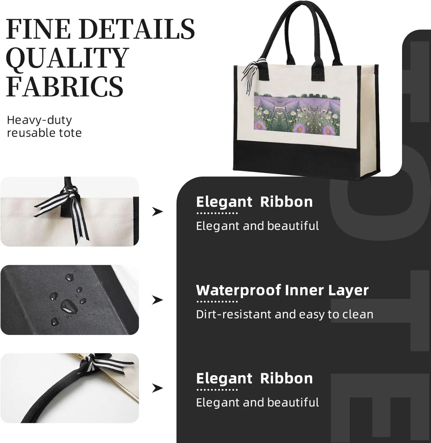 Lavender And Daisies Christmas Tote Bags With Handles Canvas Reusable Gift Bag For Women Shopping Holiday Travel