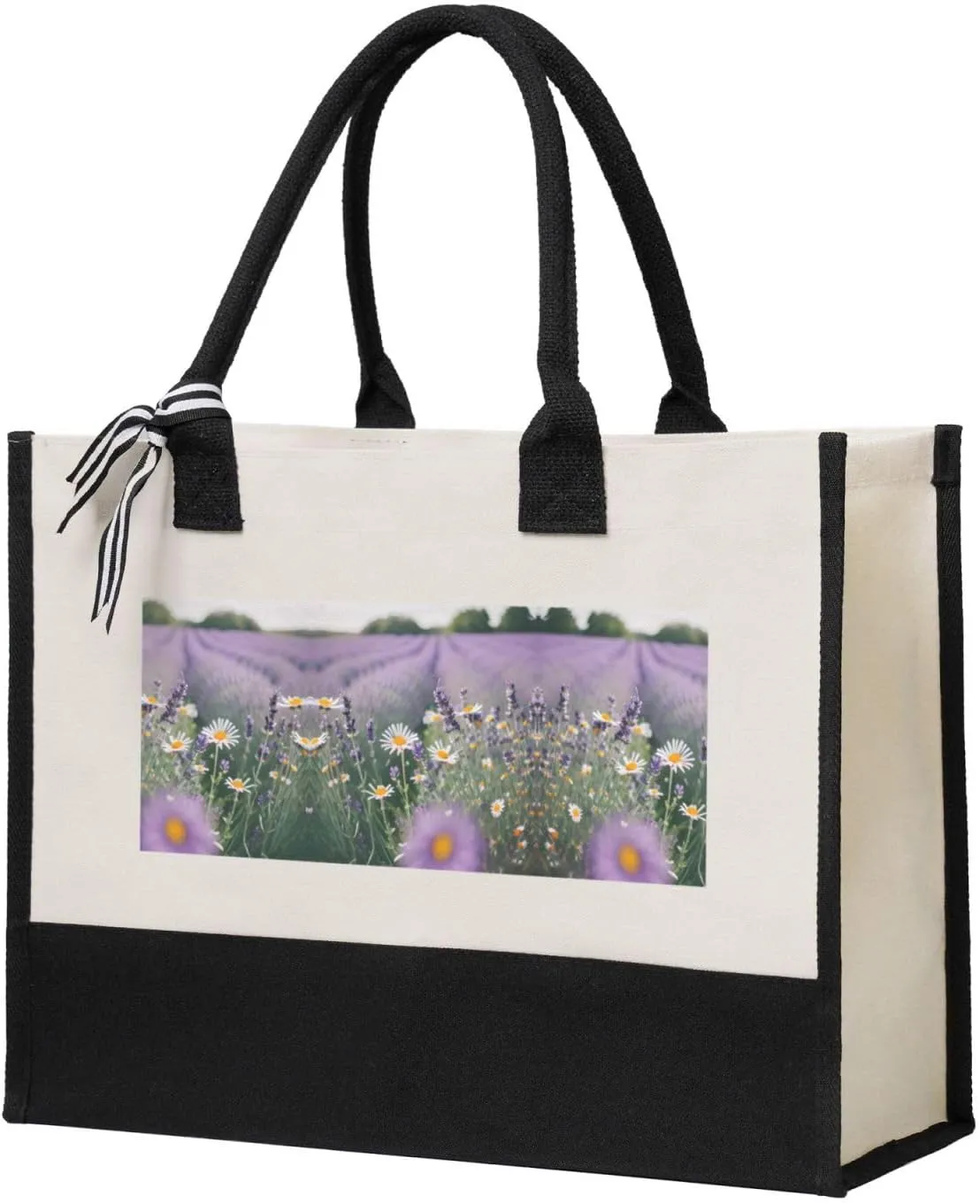 Lavender And Daisies Christmas Tote Bags With Handles Canvas Reusable Gift Bag For Women Shopping Holiday Travel