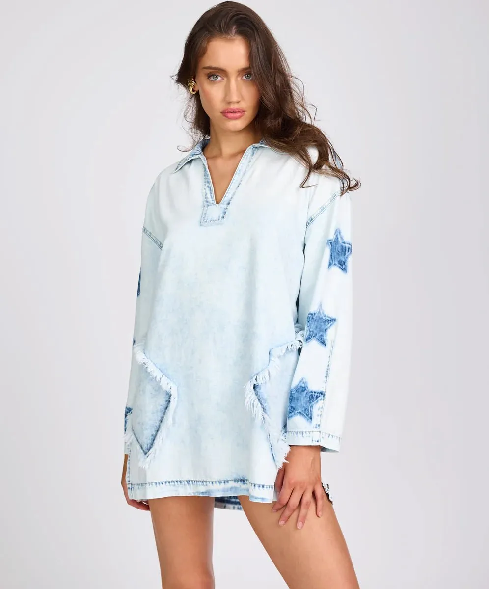 Le Captain Star Pullover Denim Shirt Dress - Depeche Blue
