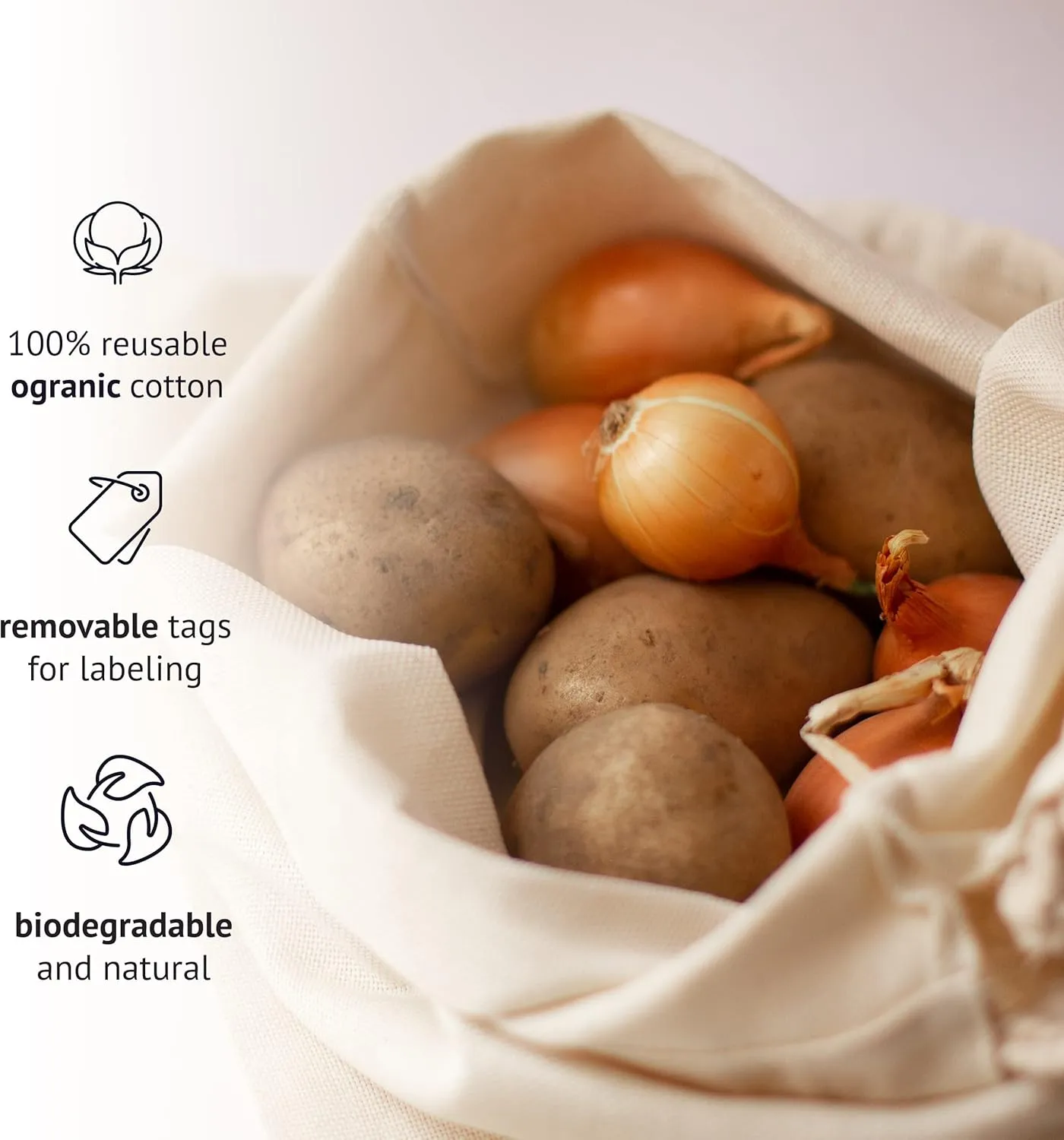 LEAFICO Cotton Storage Bags  X-Large 14x17 Inch (6-Pack)  Reusable Muslin Bags with Drawstrings  Biodegradable Canvas Fabric Sacks  Perfect for Bread, Bulk Produce, Potatoes, Onions, Shoes