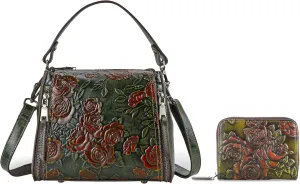 LETEULO Crossbody Bag for Women Top Handle Tote Purses Vintage Satchels Handbag and Women Card Wallet Green
