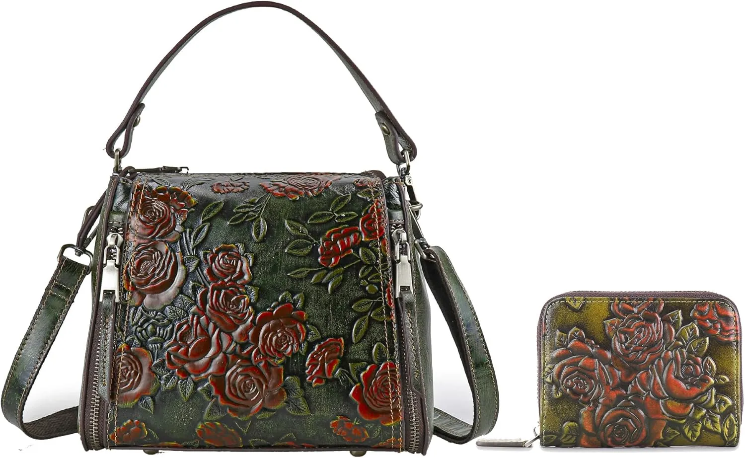 LETEULO Crossbody Bag for Women Top Handle Tote Purses Vintage Satchels Handbag and Women Card Wallet Green