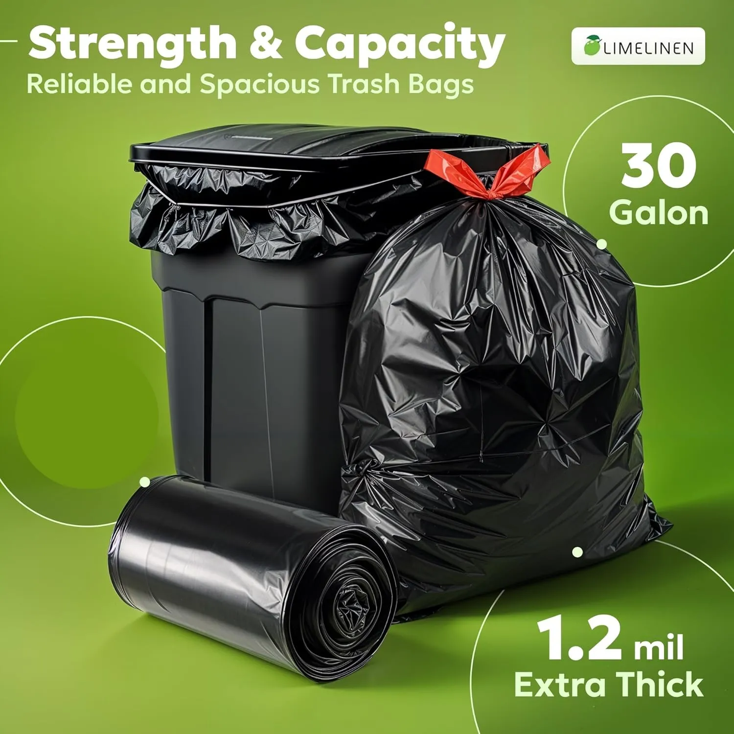 LIMELINEN 30 Gallon Garbage Trash Bags, 100 Count, 1.2 mil Extra Thick Trash Bags with Drawstring Closure, Leak and Odor-Resistant Large Plastic Bags For Office, Home, Hospital, Big Waste Binst