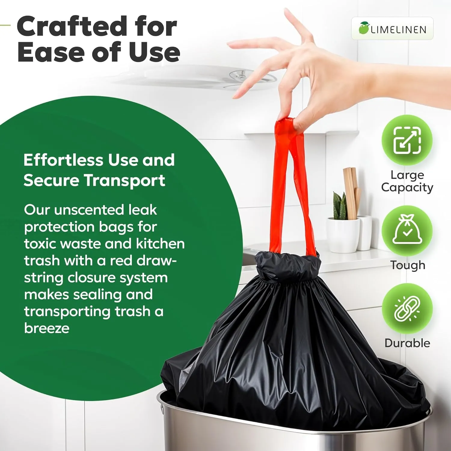 LIMELINEN 30 Gallon Garbage Trash Bags, 100 Count, 1.2 mil Extra Thick Trash Bags with Drawstring Closure, Leak and Odor-Resistant Large Plastic Bags For Office, Home, Hospital, Big Waste Binst