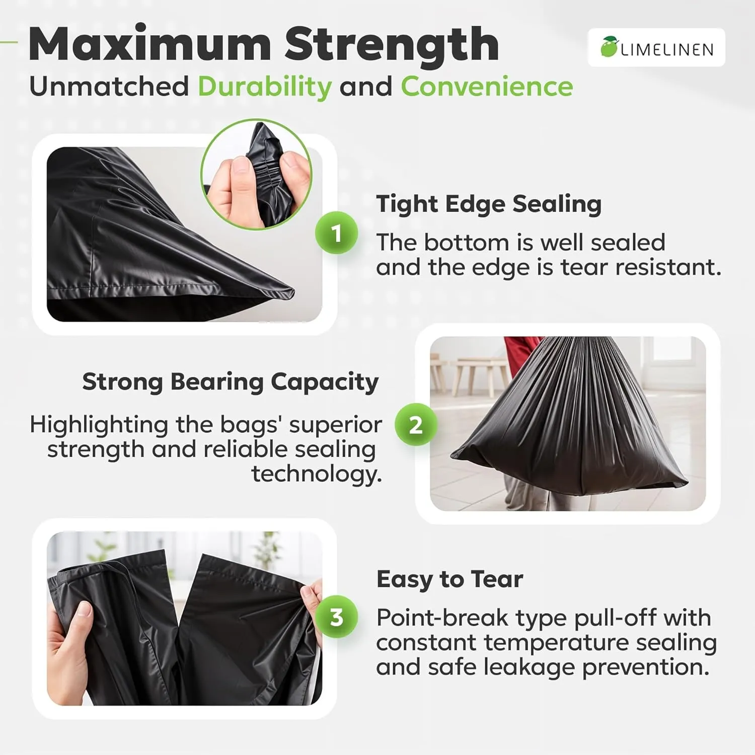 LIMELINEN 30 Gallon Garbage Trash Bags, 100 Count, 1.2 mil Extra Thick Trash Bags with Drawstring Closure, Leak and Odor-Resistant Large Plastic Bags For Office, Home, Hospital, Big Waste Binst