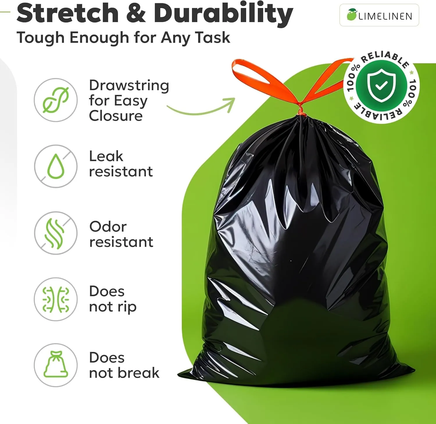 LIMELINEN 30 Gallon Garbage Trash Bags, 100 Count, 1.2 mil Extra Thick Trash Bags with Drawstring Closure, Leak and Odor-Resistant Large Plastic Bags For Office, Home, Hospital, Big Waste Binst