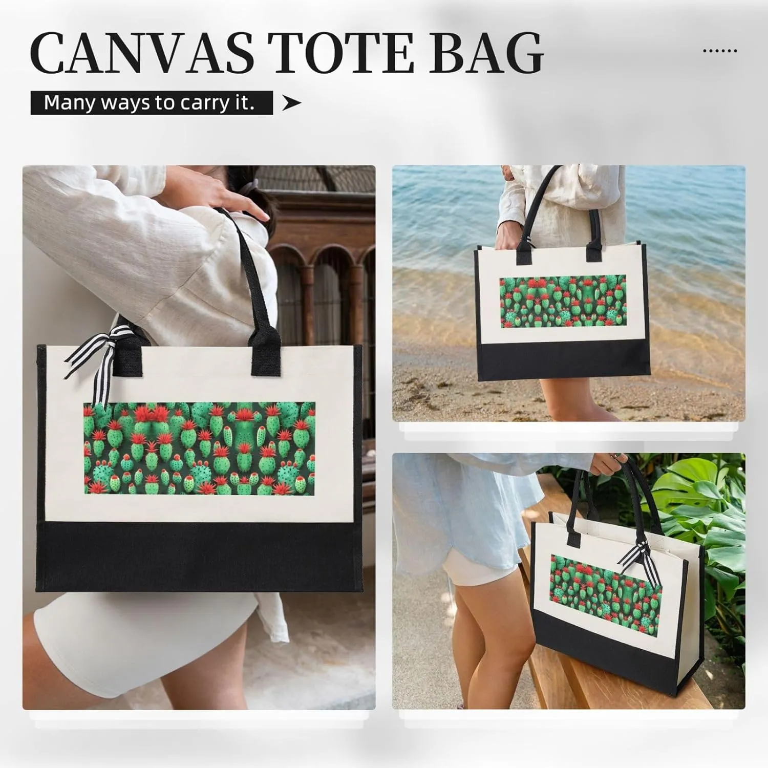Many Small Cactus Art Christmas Tote Bags With Handles Canvas Reusable Gift Bag For Women Shopping Holiday Travel