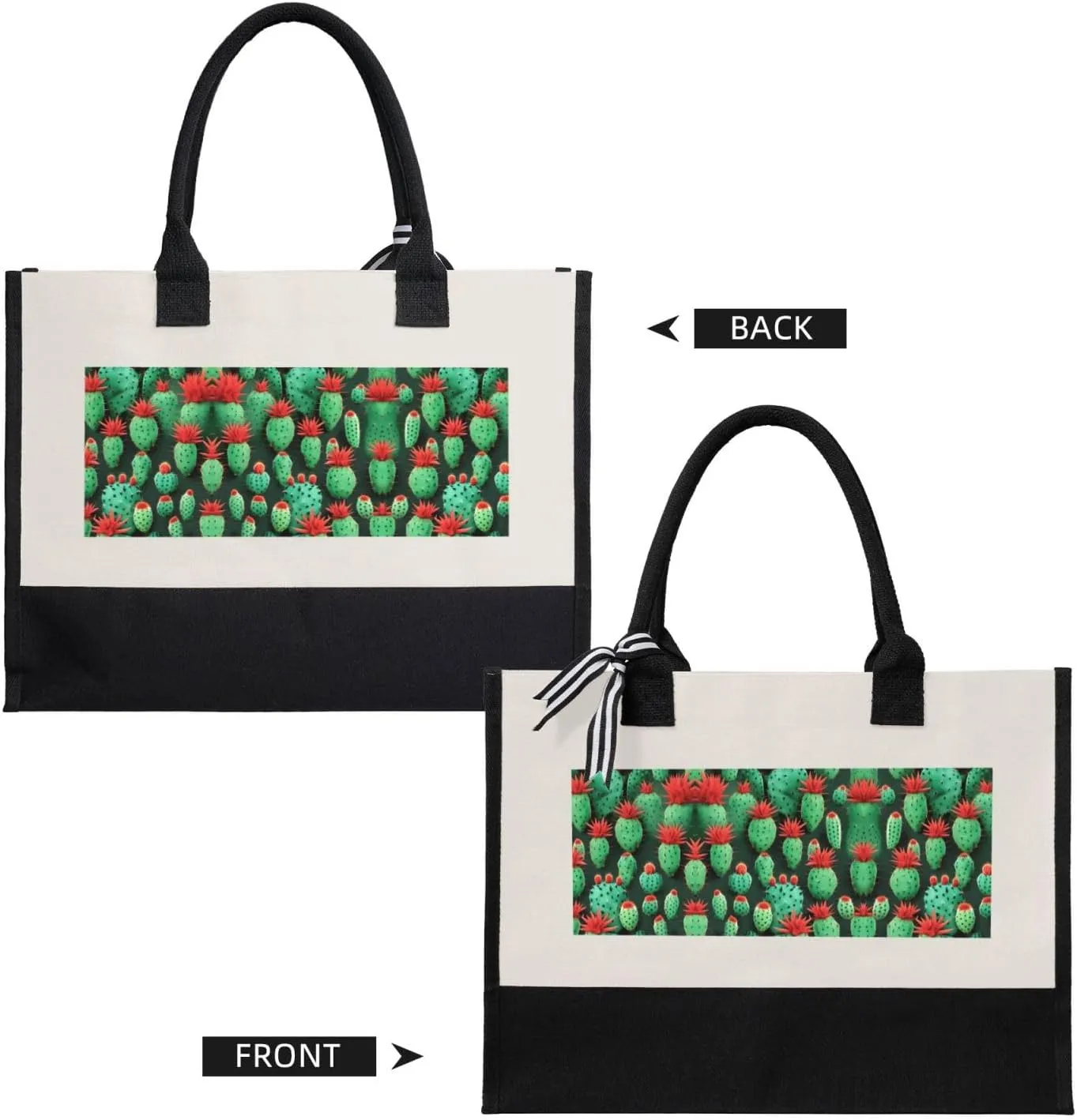 Many Small Cactus Art Christmas Tote Bags With Handles Canvas Reusable Gift Bag For Women Shopping Holiday Travel