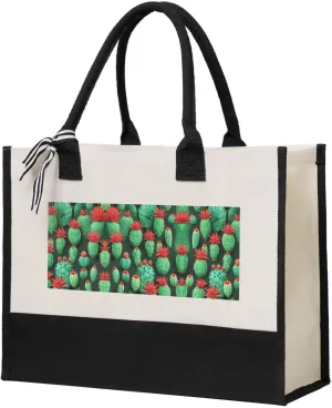 Many Small Cactus Art Christmas Tote Bags With Handles Canvas Reusable Gift Bag For Women Shopping Holiday Travel