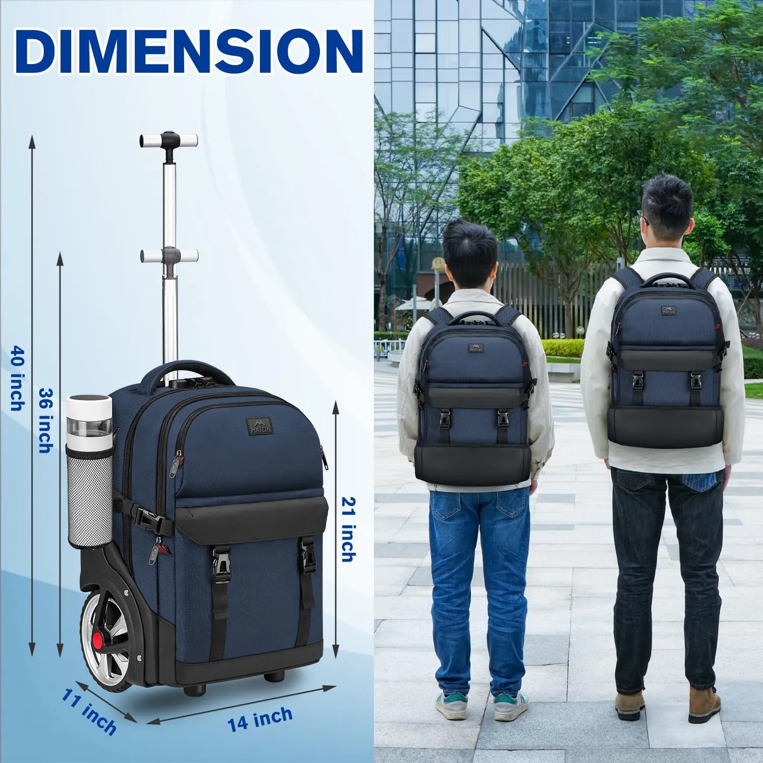 MATEIN Rolling Backpack with Wheels, 17 Inch Large Roller Backpack with Combination Lock, Water Resistant Anti Theft Travel Wheeled Backpacks Laptop Back Pack for Men Women Work Business Commute, Blue