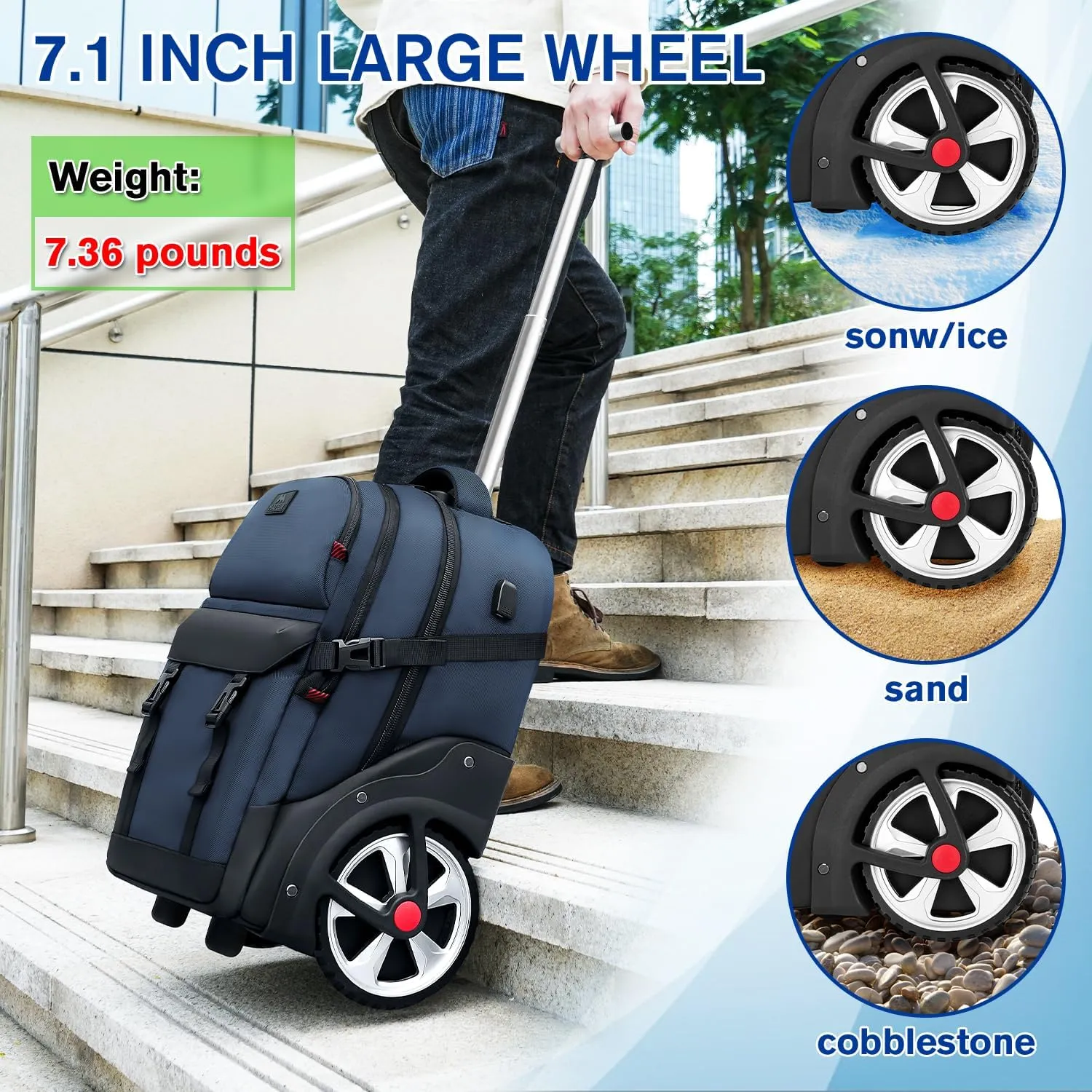 MATEIN Rolling Backpack with Wheels, 17 Inch Large Roller Backpack with Combination Lock, Water Resistant Anti Theft Travel Wheeled Backpacks Laptop Back Pack for Men Women Work Business Commute, Blue