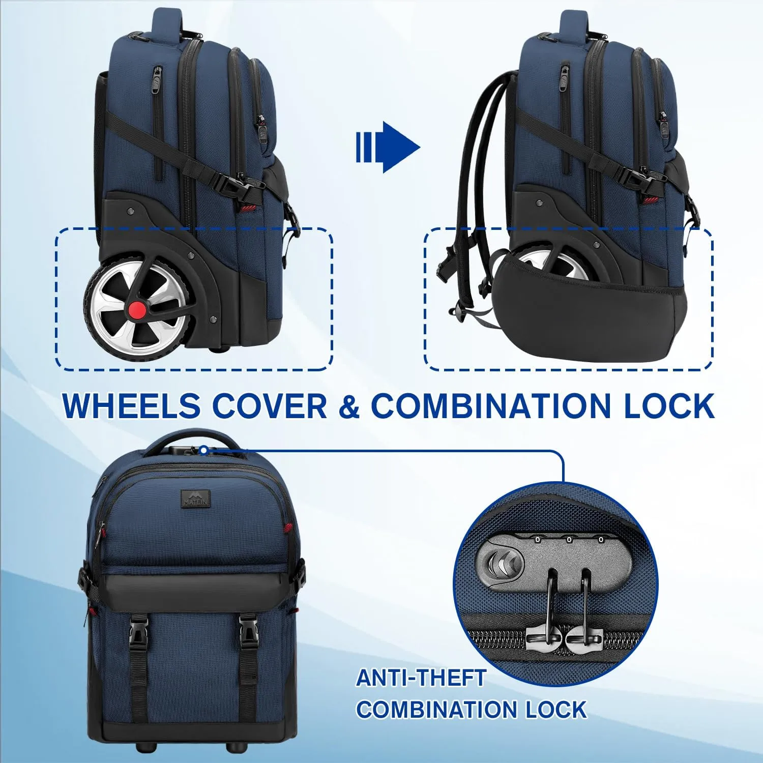 MATEIN Rolling Backpack with Wheels, 17 Inch Large Roller Backpack with Combination Lock, Water Resistant Anti Theft Travel Wheeled Backpacks Laptop Back Pack for Men Women Work Business Commute, Blue