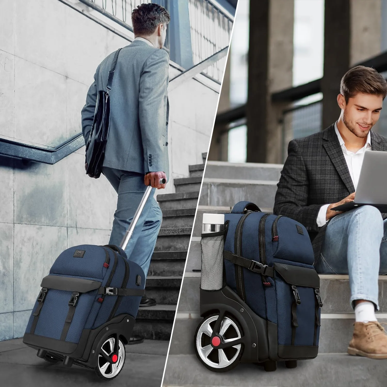 MATEIN Rolling Backpack with Wheels, 17 Inch Large Roller Backpack with Combination Lock, Water Resistant Anti Theft Travel Wheeled Backpacks Laptop Back Pack for Men Women Work Business Commute, Blue