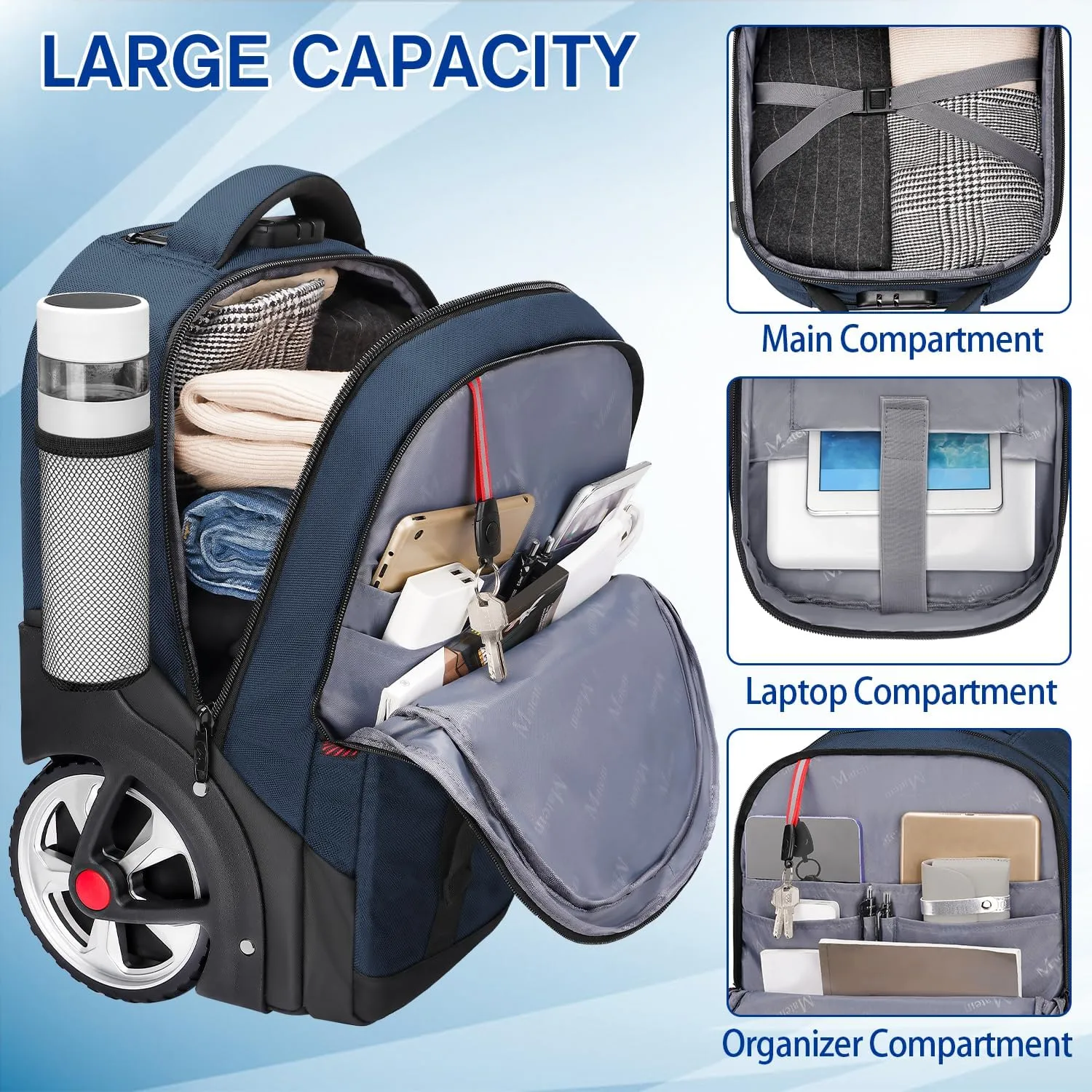 MATEIN Rolling Backpack with Wheels, 17 Inch Large Roller Backpack with Combination Lock, Water Resistant Anti Theft Travel Wheeled Backpacks Laptop Back Pack for Men Women Work Business Commute, Blue