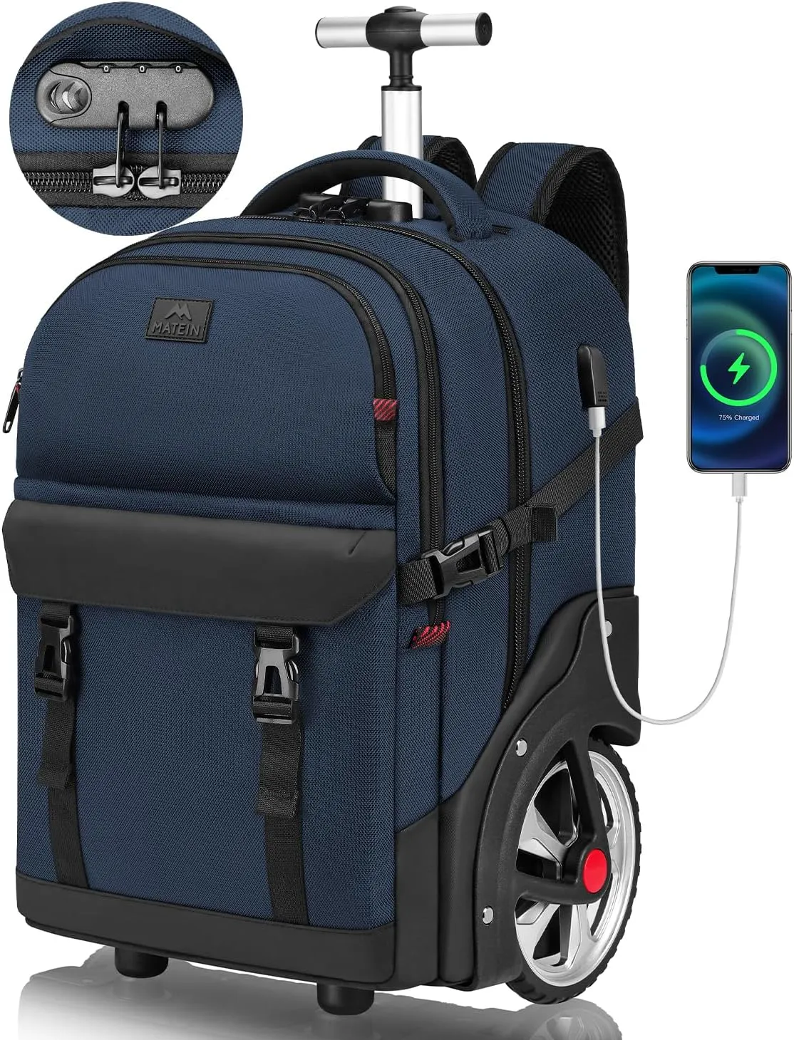 MATEIN Rolling Backpack with Wheels, 17 Inch Large Roller Backpack with Combination Lock, Water Resistant Anti Theft Travel Wheeled Backpacks Laptop Back Pack for Men Women Work Business Commute, Blue