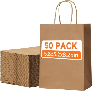 METAPRINT 50 Pack Small Brown Paper Gift Bags with Handles, 5.8"x3.2"x8.25" Kraft Paper Gift Bags for Retail, Birthday Parties, Shopping, Versatile Craft Bags & Goodie Sacks