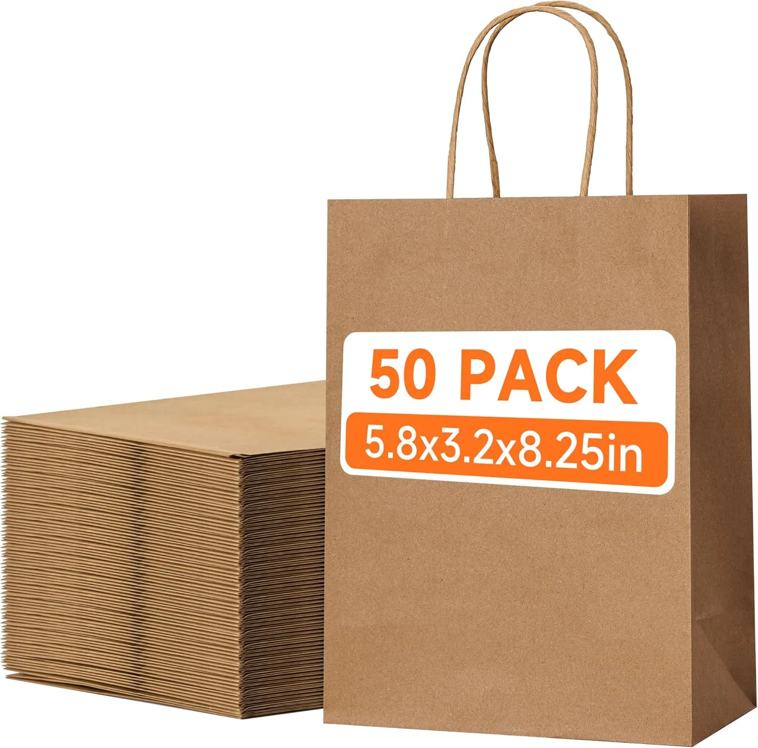 METAPRINT 50 Pack Small Brown Paper Gift Bags with Handles, 5.8"x3.2"x8.25" Kraft Paper Gift Bags for Retail, Birthday Parties, Shopping, Versatile Craft Bags & Goodie Sacks