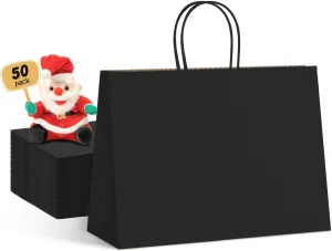 METRONIC 50 Pack 16X6X12 Inch Large Black Paper Bags, Kraft Gift Paper Bag with Handles, Shopping Bags for Small Business, Boutique, Gift Wrap, Bulk