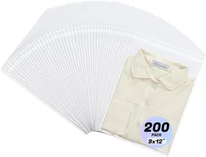 METRONIC 9x12 Inch (200 Pack) Clear Plastic Bags for Packaging, Clothing, T-Shirts, Strong Packing Self Adhesive Cellophane OPP Poly Transparent Self Seal Bag for Prints, Photos, Documents