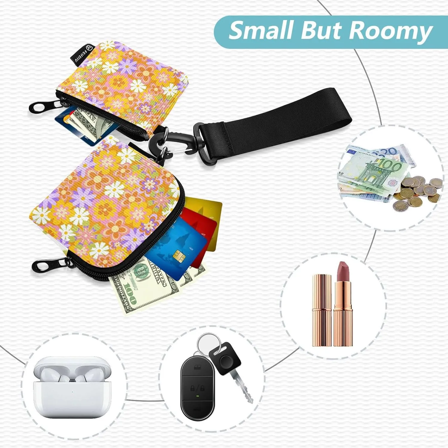Mini Around Wristlet Keychain Dual Pouch Wallets for Women's Mini Coin Purse Pouch Pattern 3