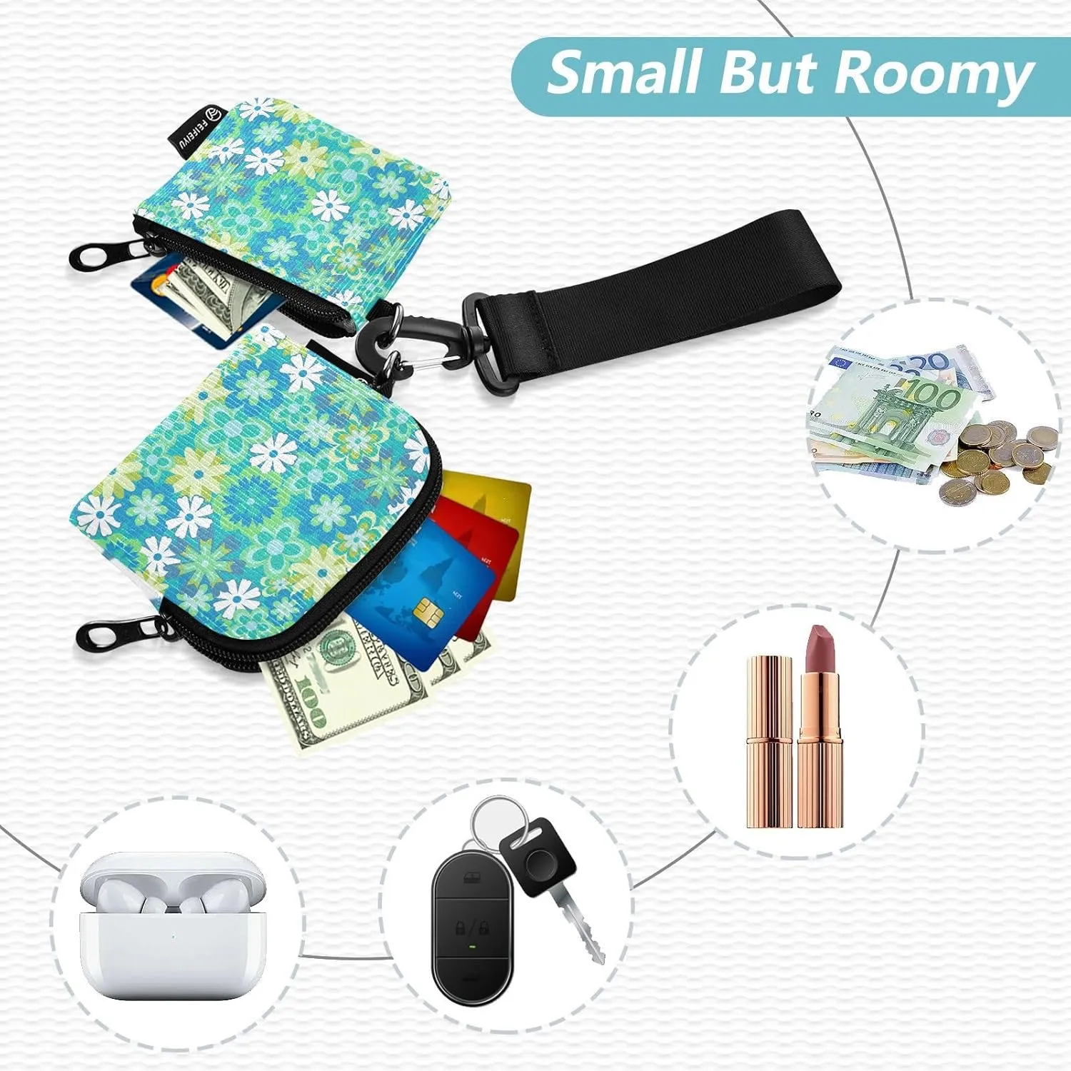 Mini Around Wristlet Keychain Dual Pouch Wallets for Women's Mini Coin Purse Pouch Pattern 4