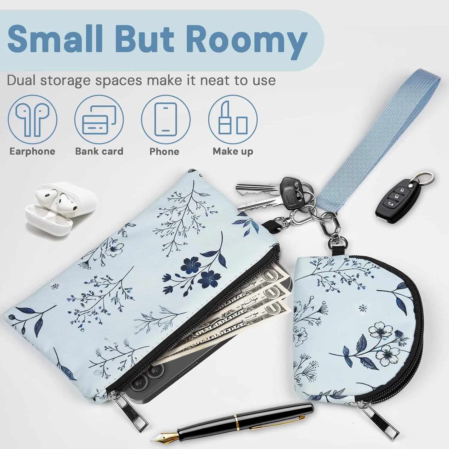 Mini Zip Around Keychain Wristlet Wallet  Large Capacity Dual Pouch Detachable Coin Purse with Keychain, Fits Phone