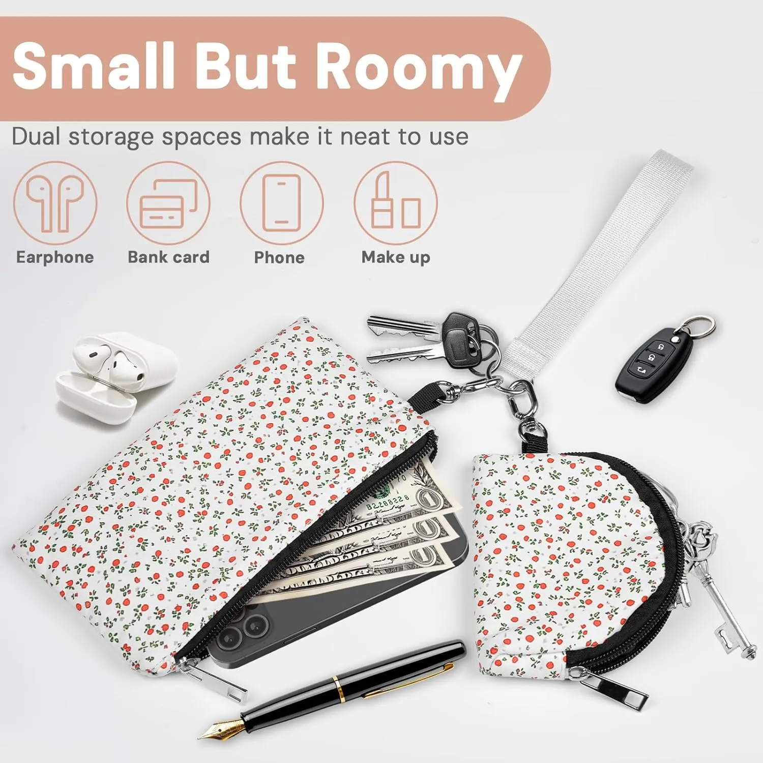Mini Zip Around Keychain Wristlet Wallet  Large Capacity Dual Pouch Detachable Coin Purse with Keychain, Fits Phone