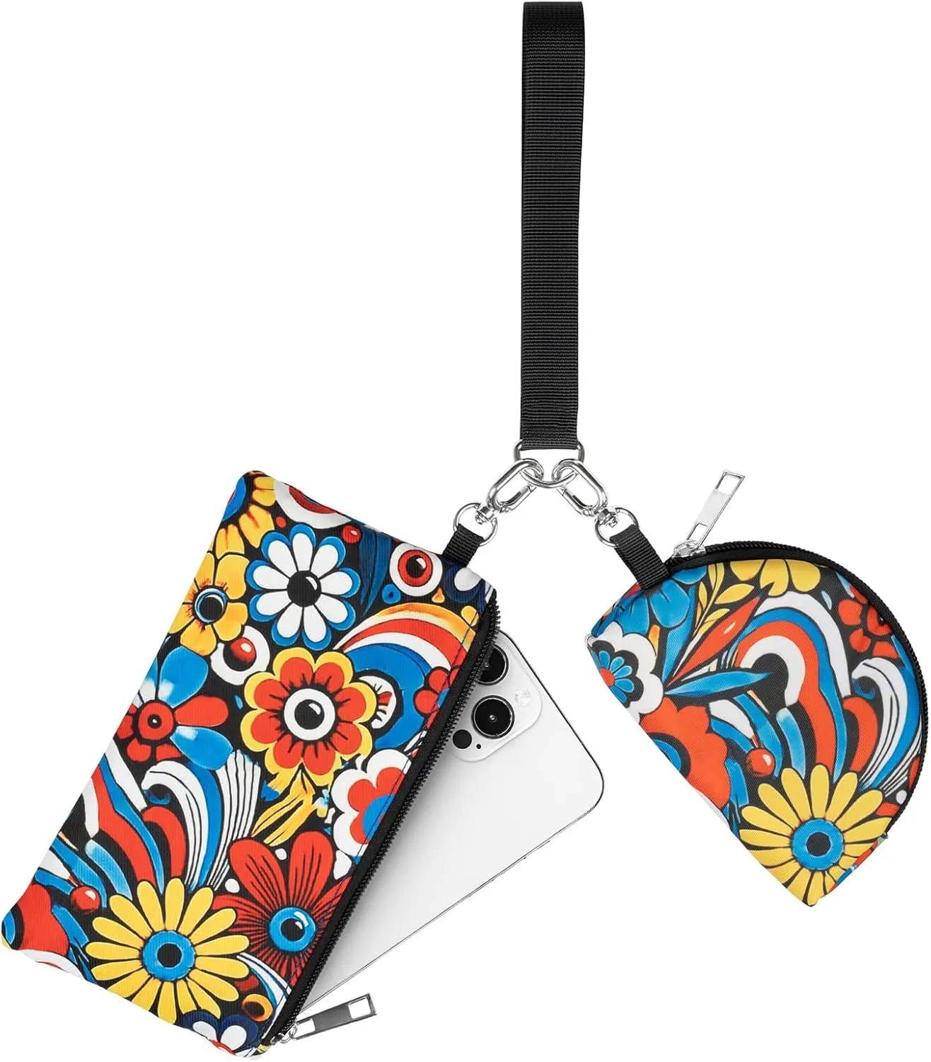 Mini Zip Around Keychain Wristlet Wallet  Large Capacity Dual Pouch Detachable Coin Purse with Keychain, Fits Phone