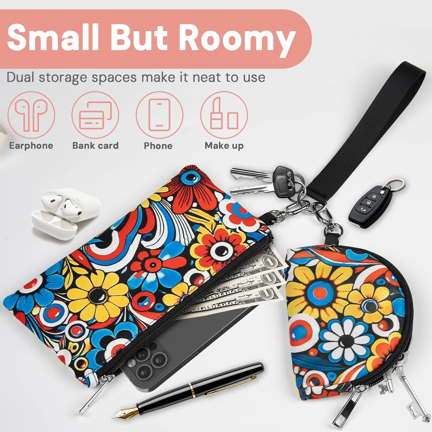 Mini Zip Around Keychain Wristlet Wallet  Large Capacity Dual Pouch Detachable Coin Purse with Keychain, Fits Phone