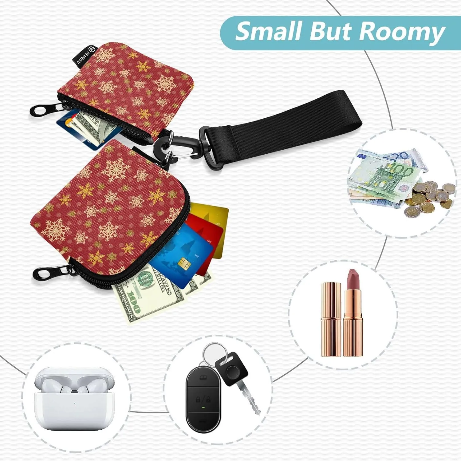 Mini Zip Around Wristlet Wallet Detachable Women Dual Pouch Card Cases Portable Zipper Cash Coin Purse Keychain,pattern 2