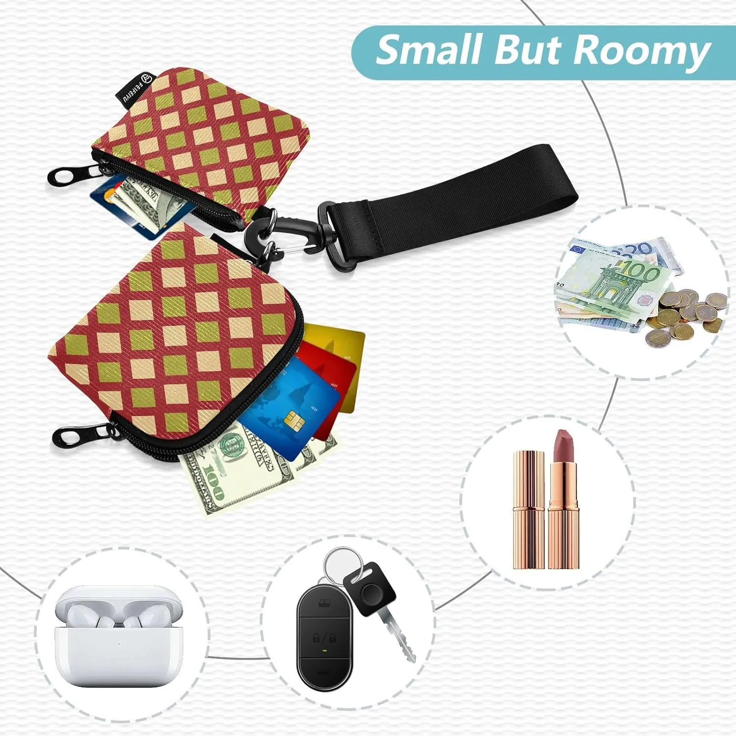 Mini Zip Around Wristlet Wallet Detachable Women Dual Pouch Card Cases Portable Zipper Cash Coin Purse Keychain,pattern 4