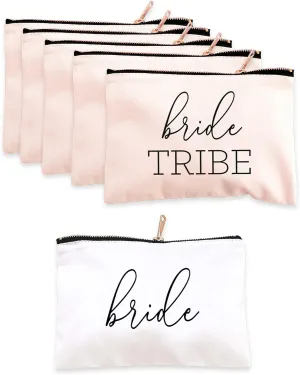 ModParty Bridesmaid Makeup Bags Set of 6| 1 Bride in White   5 Bride Tribe in Peach Blush | Bachelorette Party Canvas Cosmetic Pouch | Bridal Party Gift Idea