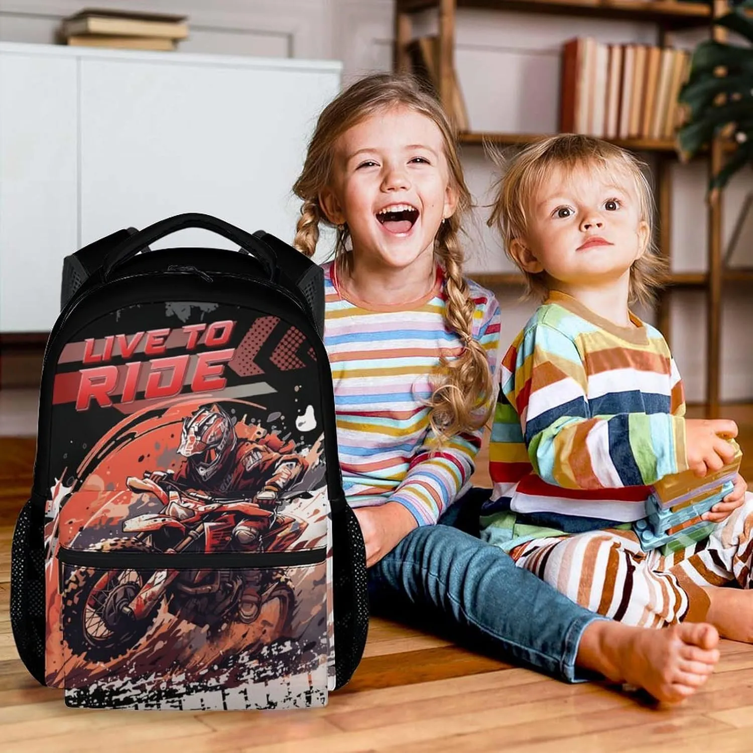 Motorcycle Backpack for Boys, 17 Inch Cool Kindergarten Backpack with Adjustable Straps, Black Lightweight Durable Kids Bookbag for Kindergarten