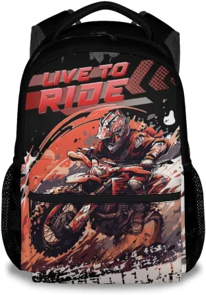 Motorcycle Backpack for Boys, 17 Inch Cool Kindergarten Backpack with Adjustable Straps, Black Lightweight Durable Kids Bookbag for Kindergarten