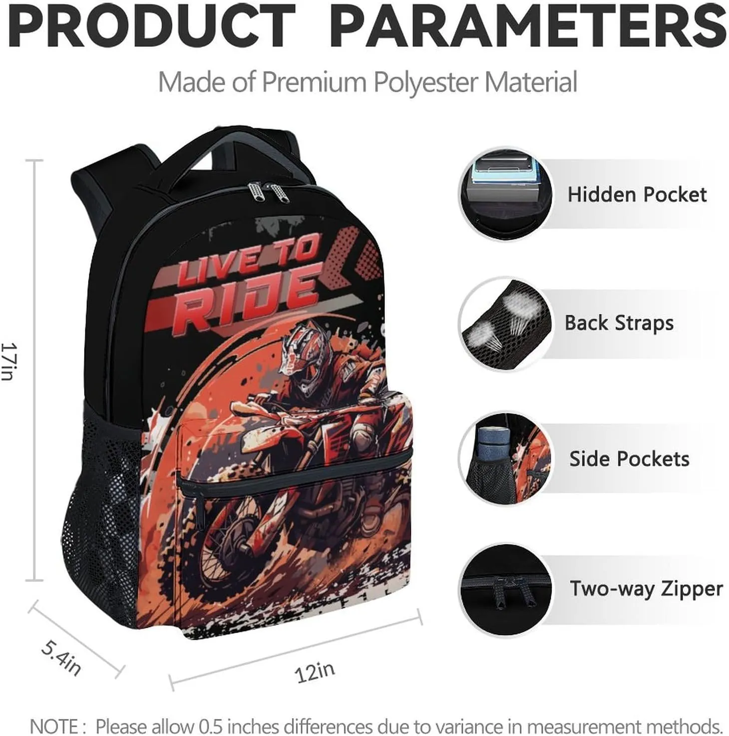 Motorcycle Backpack for Boys, 17 Inch Cool Kindergarten Backpack with Adjustable Straps, Black Lightweight Durable Kids Bookbag for Kindergarten