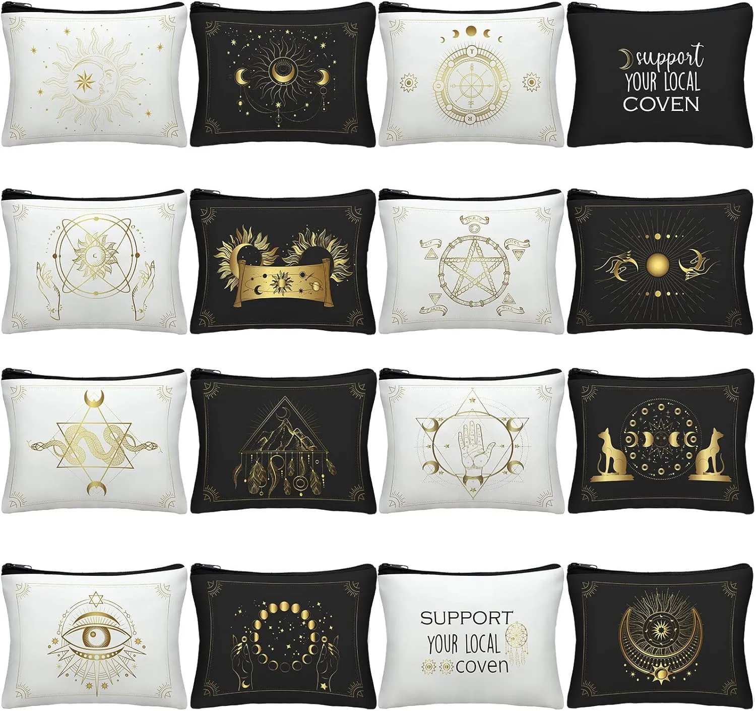 Mumufy 16 Pieces Witch Tarot Bags Tarot Card Bag Witch Cosmetic Moon Cards Phase Toiletry Pocket Aesthetic Canvas Zipper Makeup Pouch Purse Gothic Pouch Gift for Women