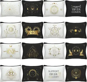 Mumufy 16 Pieces Witch Tarot Bags Tarot Card Bag Witch Cosmetic Moon Cards Phase Toiletry Pocket Aesthetic Canvas Zipper Makeup Pouch Purse Gothic Pouch Gift for Women