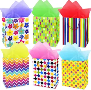 MUMULULU 6 Pack Gift Bags Medium Size with Handle and Tissue Paper Colorful Geometric Elements Pattern Gift Bags for Birthday Party Baby Shower Wedding Holiday Presents